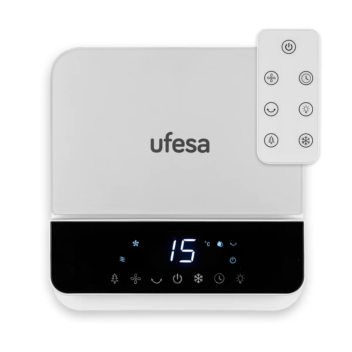 Climatizador Ufesa con pantalla digital y mando a distancia blanco.
