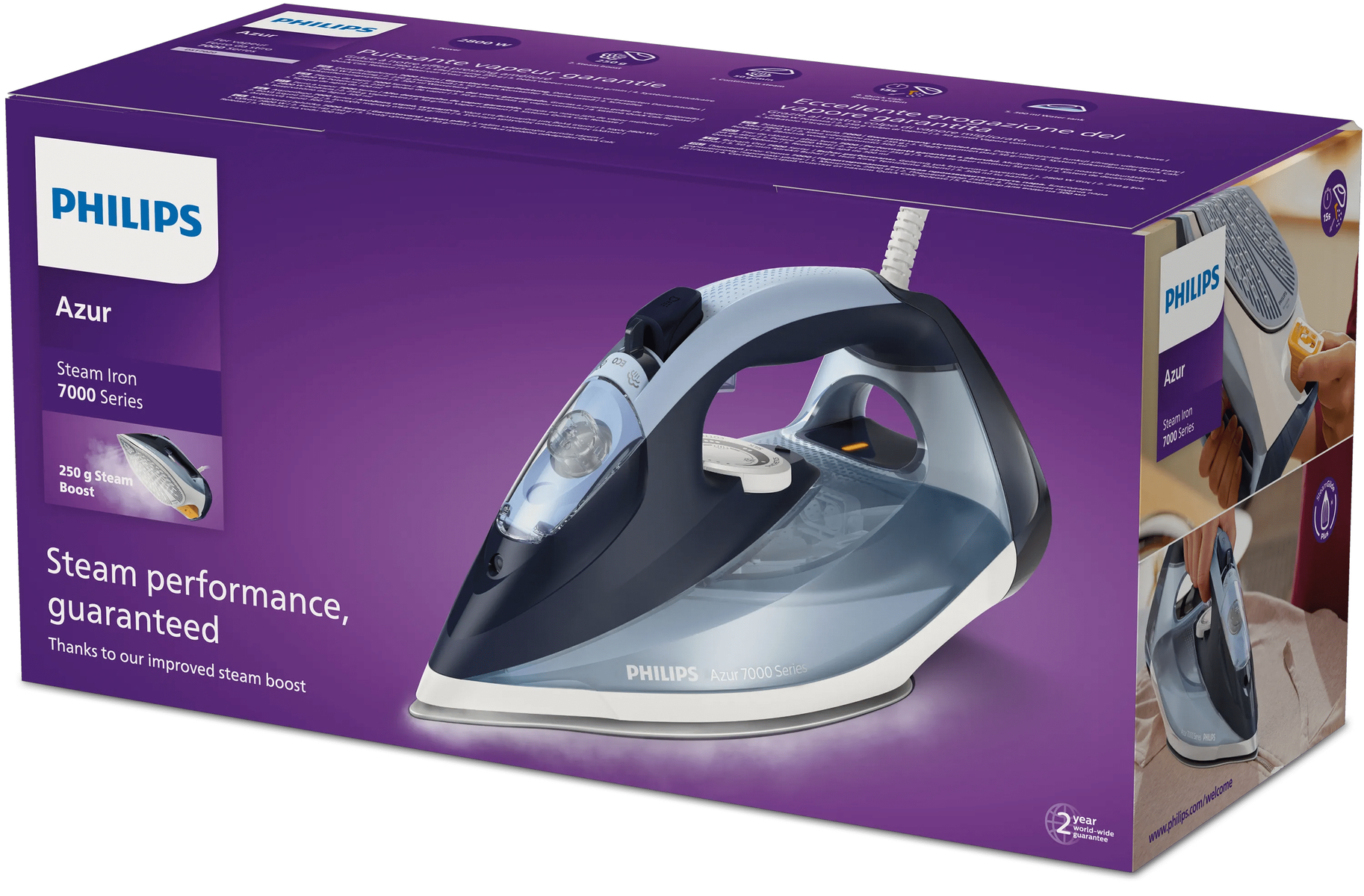 Fioletowe pudełko z żelazkiem parowym Philips Azur Series 7000, przedstawiające niebiesko-czarne żelazko.