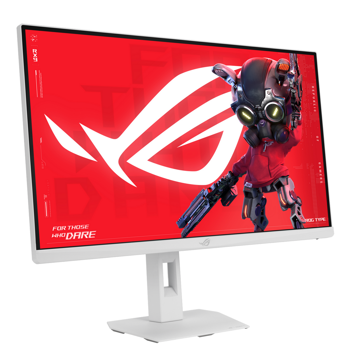 Un monitor da gioco bianco mostra uno schermo rosso con il logo ROG e un personaggio robot.