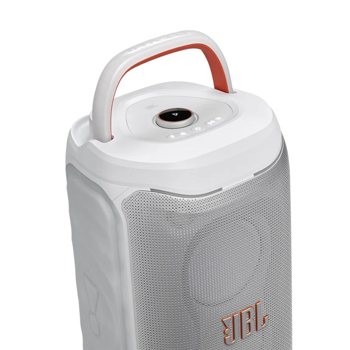 Un altavoz Bluetooth JBL blanco con un asa de transporte integrada naranja y blanca sobre un fondo negro.