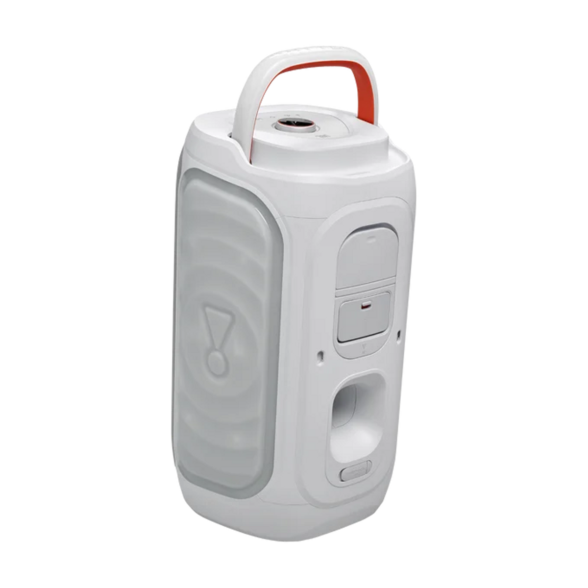 Un altavoz Bluetooth JBL portátil blanco con asa roja sobre un fondo negro.