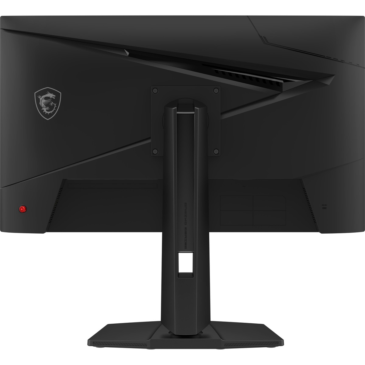 Vista posteriore di un monitor da gioco MSI nero con supporto, logo drago e joystick rosso.