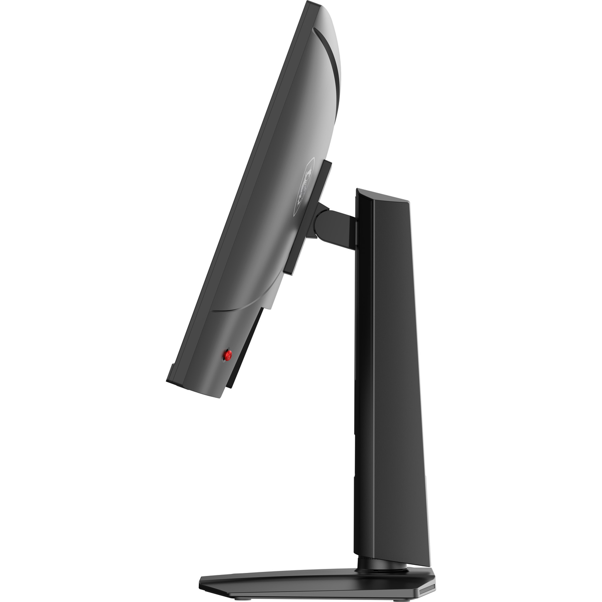 Vista laterale di un monitor per computer nero su supporto, che mostra il suo profilo sottile su sfondo bianco.