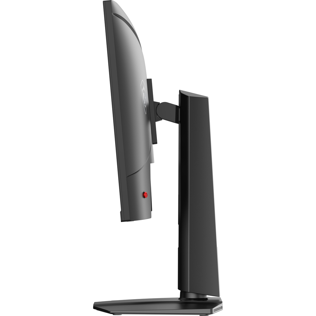 Un monitor per computer curvo nero visto di lato, montato su un supporto solido su sfondo bianco.