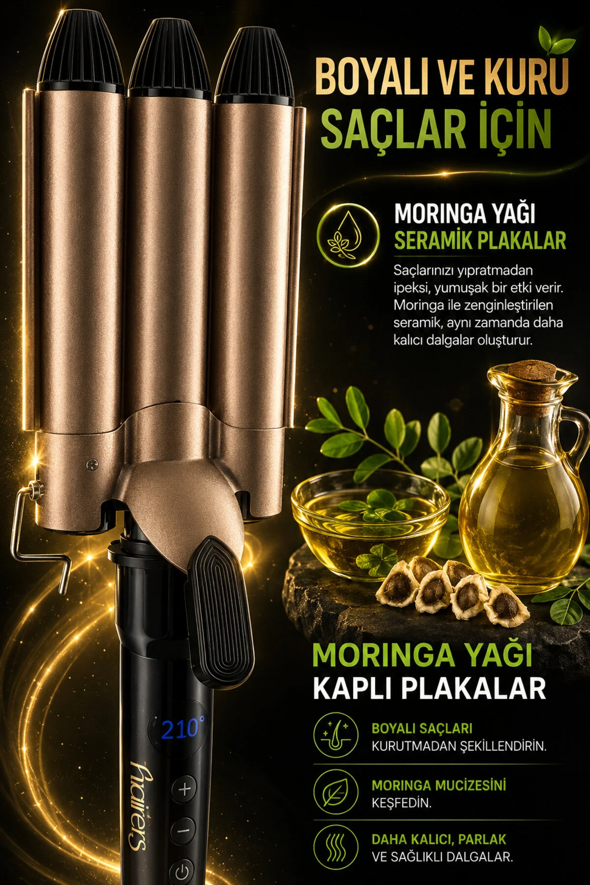 Bronz renkli üçlü maşa saç şekillendirici, moringa yağı şişesi ve kasesinin yanında.