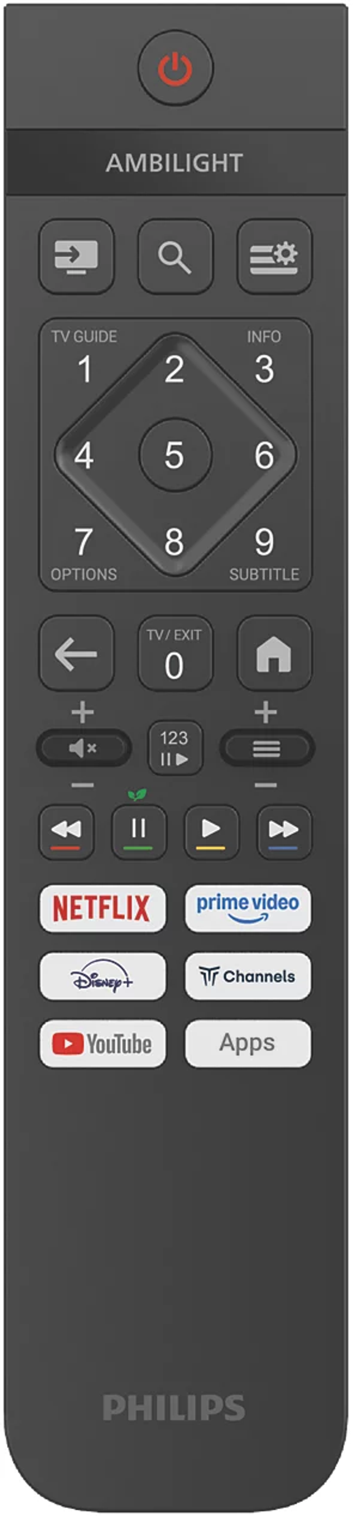 Control remoto negro Philips Ambilight con teclado numérico, navegación y botones de streaming.
