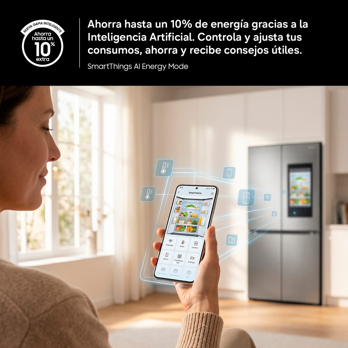 Kobieta steruje inteligentną lodówką za pomocą aplikacji w smartfonie w kuchni.