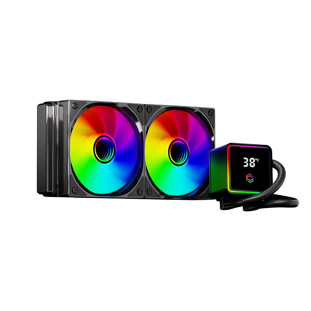 Çift RGB fanlı ve 38 santigrat derece gösteren pompa bloklu siyah bir işlemci sıvı soğutucusu.