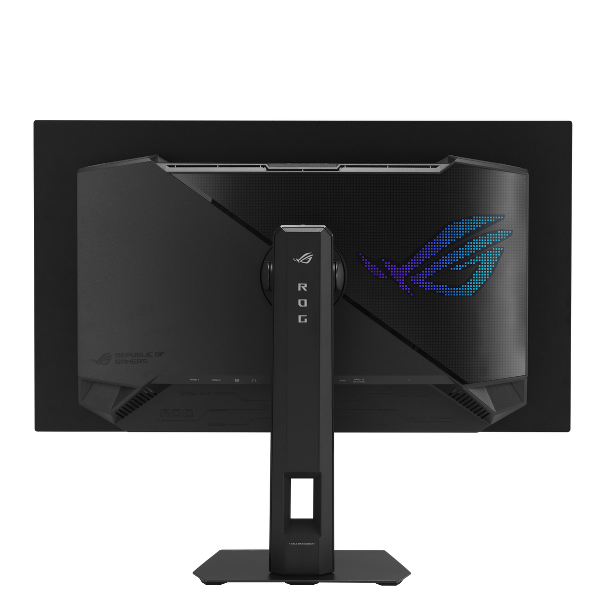 Vue arrière d'un moniteur de jeu ROG noir avec un logo bleu lumineux sur le panneau arrière texturé et un pied.