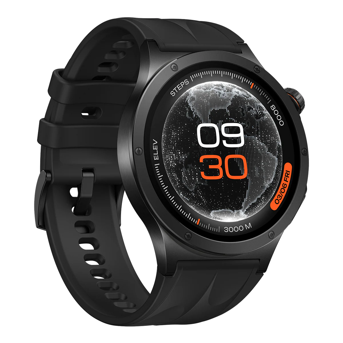 Smartwatch nero con cinturino in gomma, quadrante digitale e mappa.