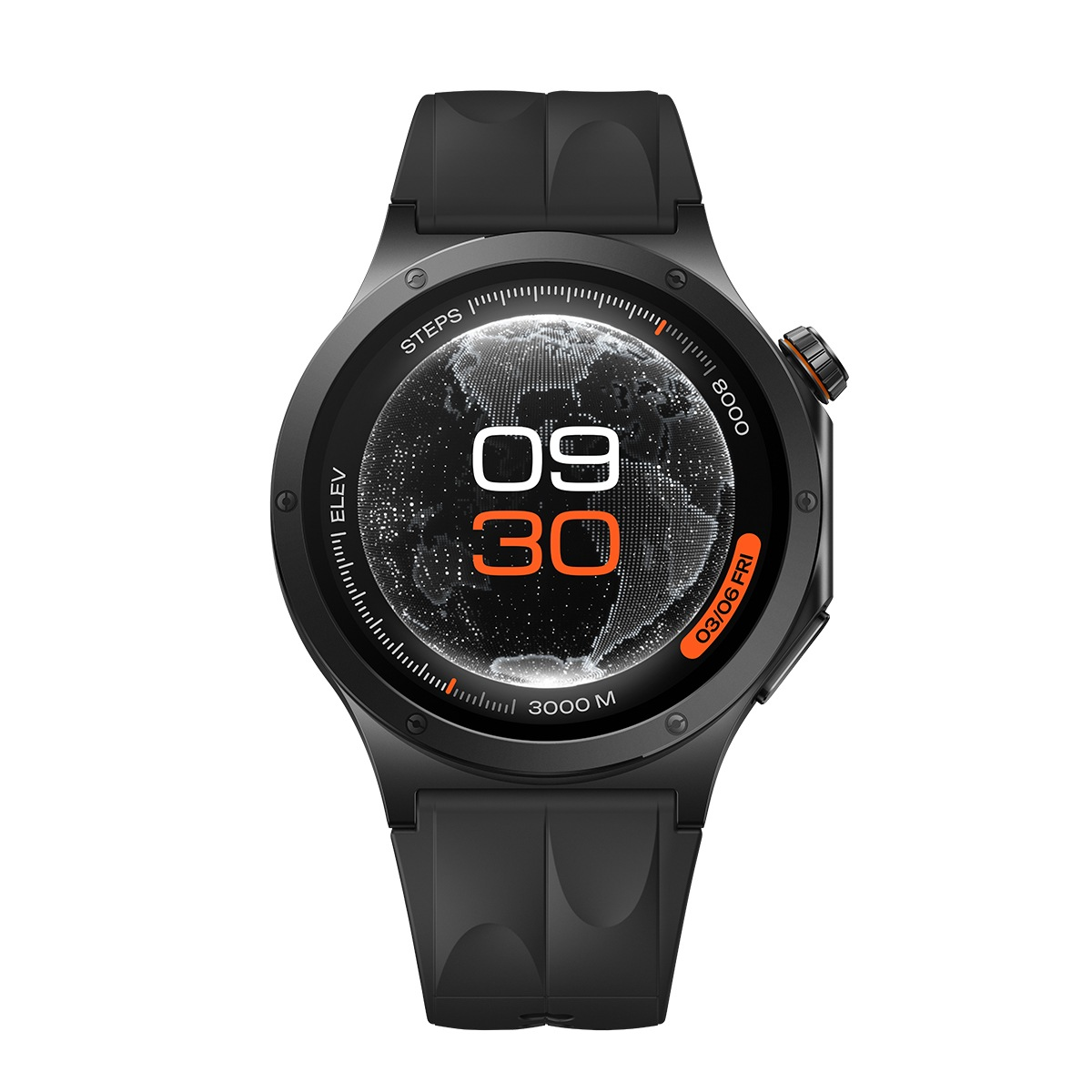 Uno smartwatch nero con quadrante digitale rotondo, numeri bianchi e cinturino in silicone nero su sfondo bianco.
