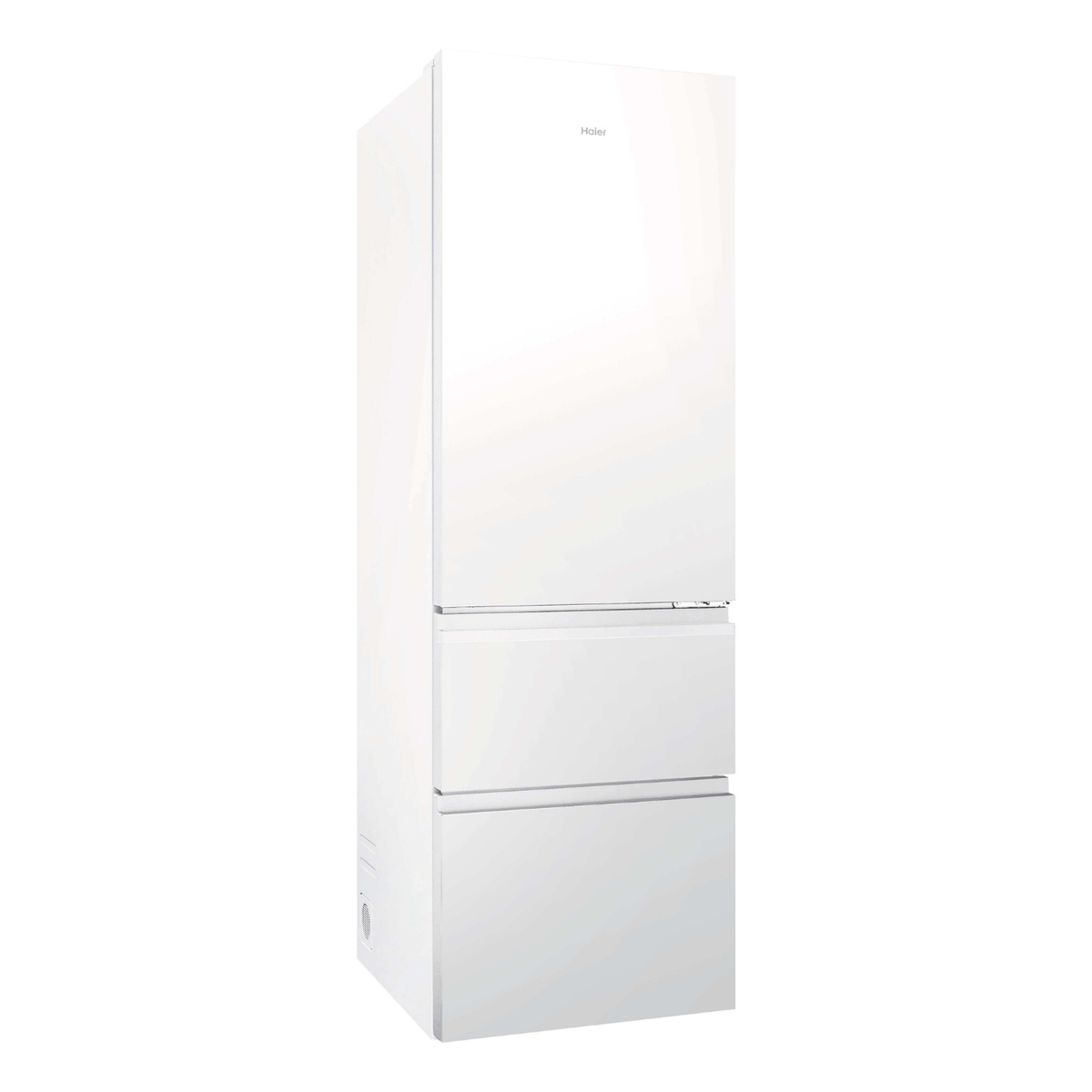 Un refrigerador blanco Haier moderno con una puerta superior y dos cajones inferiores.