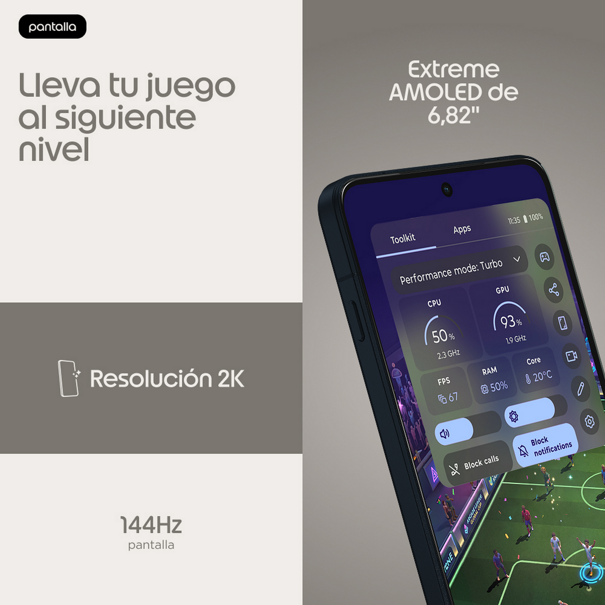 Smartphone che mostra statistiche di gioco su schermo AMOLED 2K a 144Hz con testo promozionale.