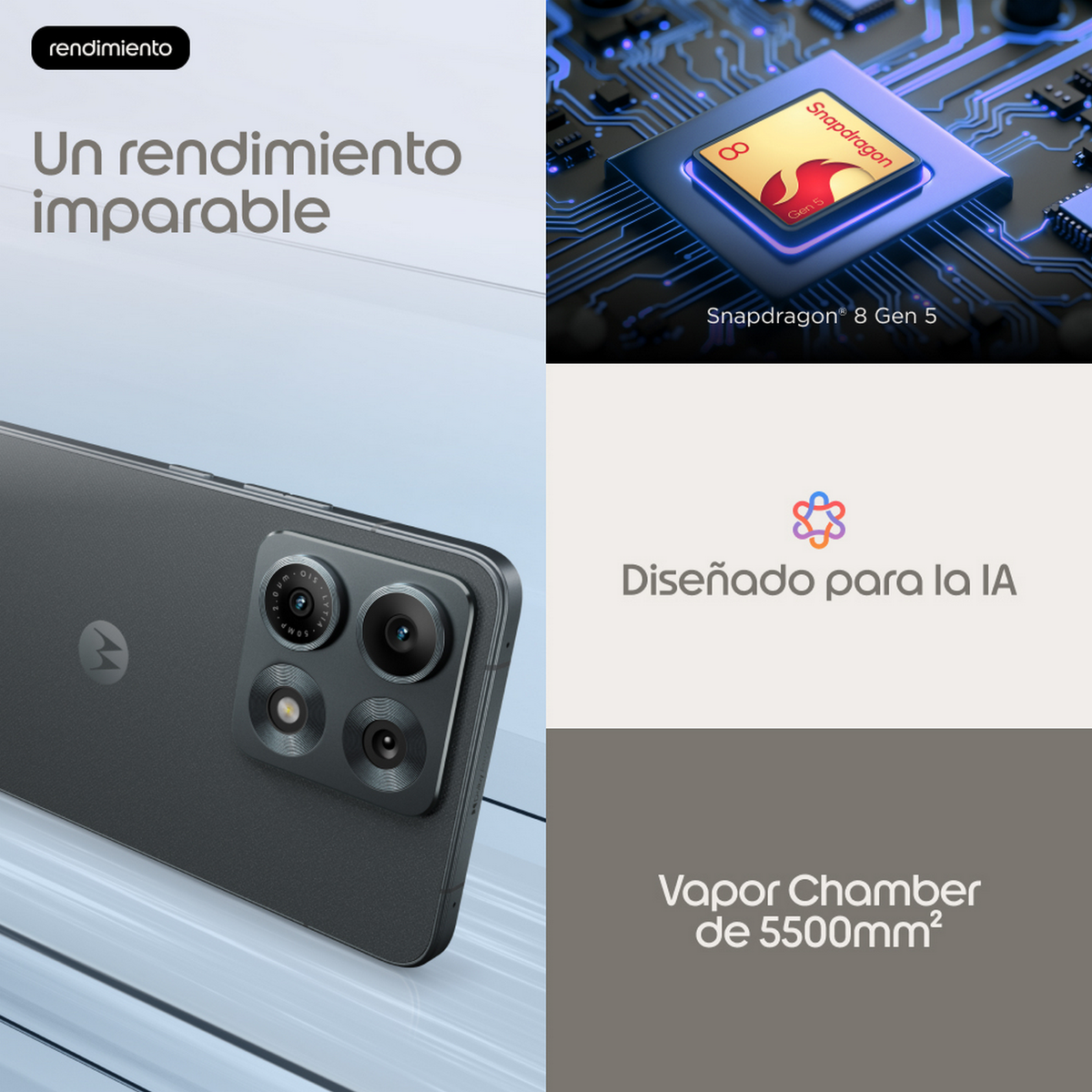 Uno smartphone grigio, un chip Snapdragon e testo su prestazioni, IA e camera di vapore.