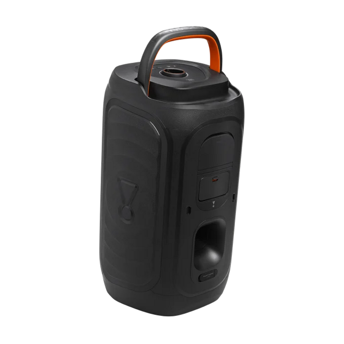 Altavoz portátil JBL negro con asa naranja y superficies lisas sobre un fondo negro sólido.
