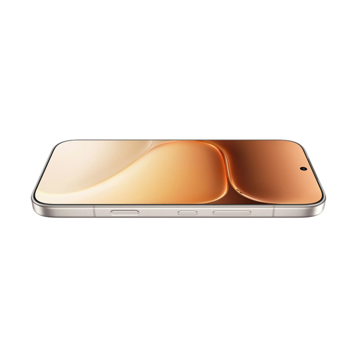 Uno smartphone argentato sdraiato orizzontalmente con pulsanti laterali visibili, che mostra uno sfondo sfumato arancione.