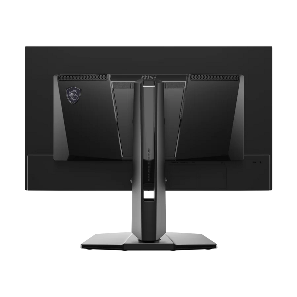 Rückansicht eines schwarzen MSI-Gaming-Monitors mit stabiler Standhalterung und Drachenlogo.