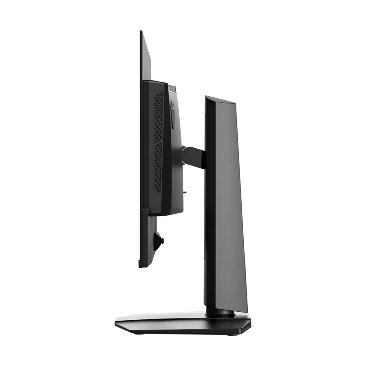Seitenansicht eines schlanken, schwarzen Computermonitors auf einem Standfuß vor schwarzem Hintergrund.