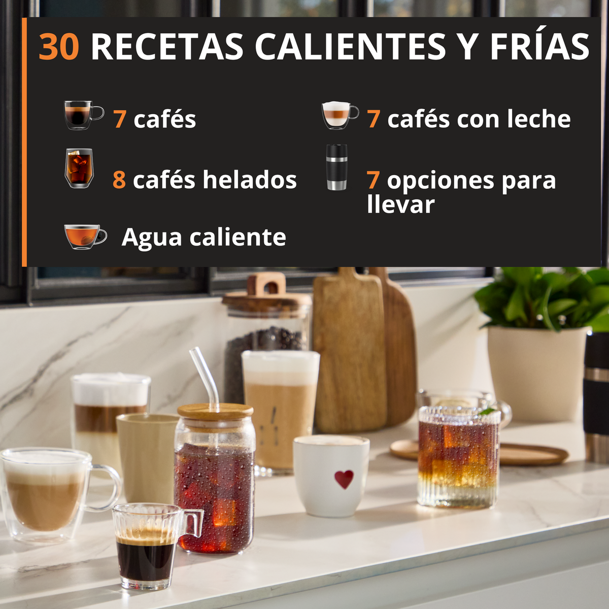 Testo e immagini mostrano 30 diverse ricette di caffè caldo e freddo su un bancone da cucina.