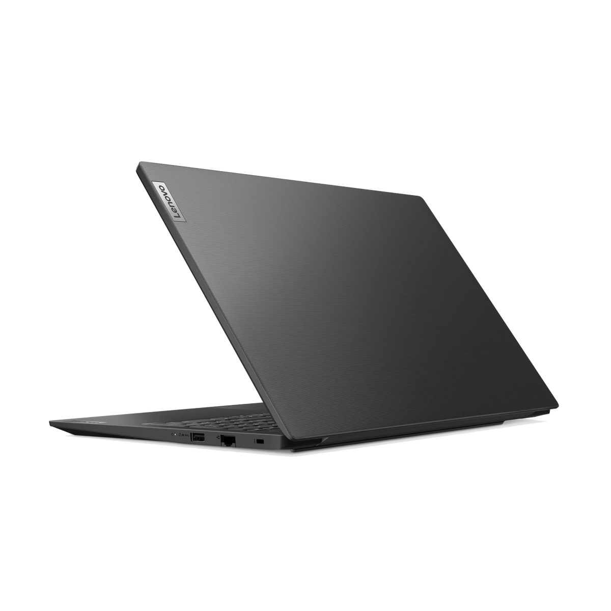 Un ordenador portátil Lenovo gris se encuentra sobre una superficie oscura con fondo negro.