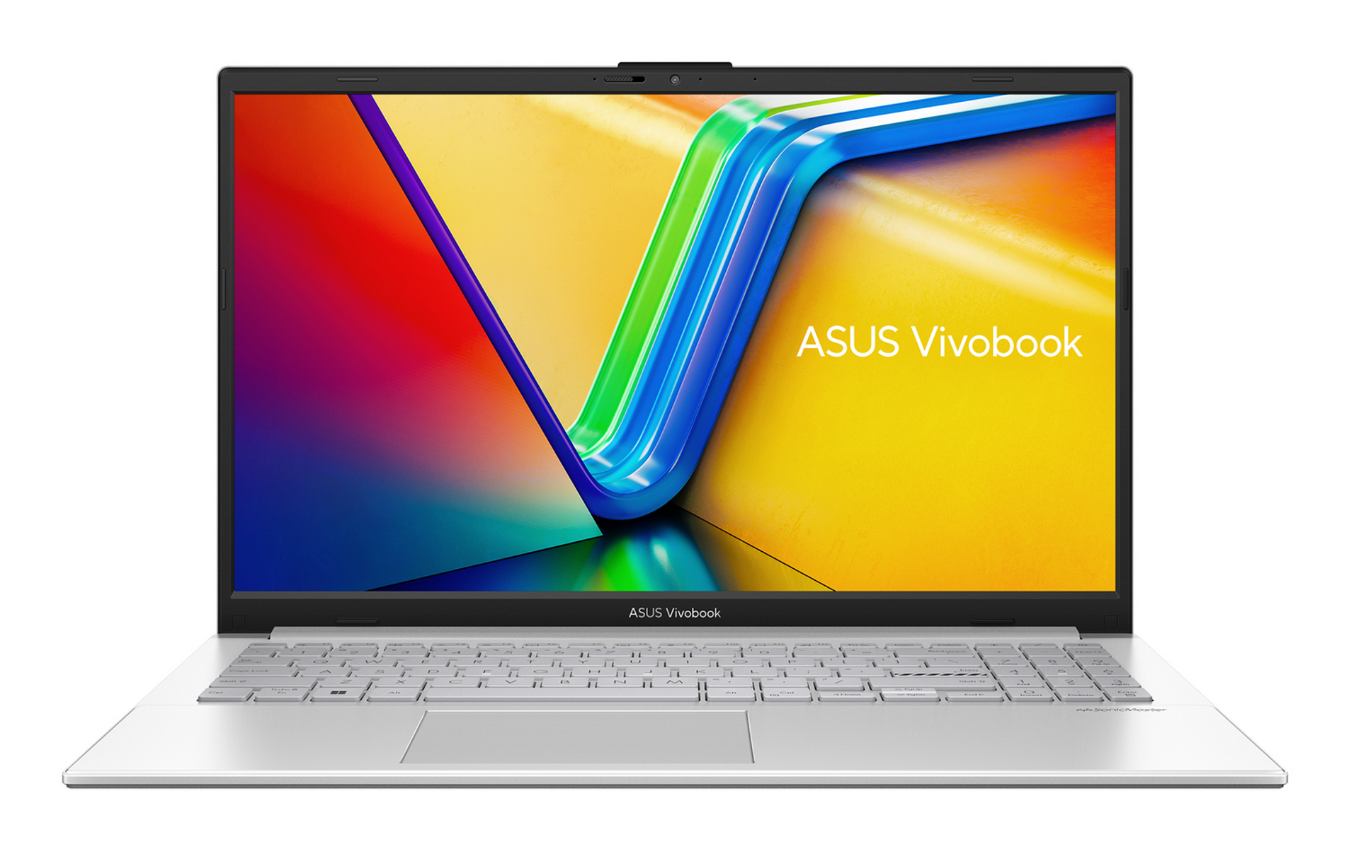 Un ordenador portátil ASUS Vivobook plateado abierto con un fondo de pantalla colorido de formas abstractas.
