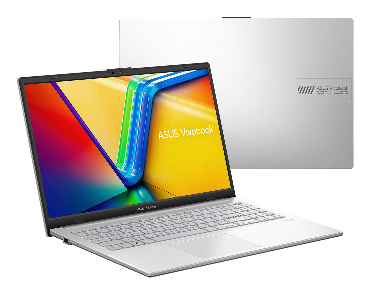 Un portátil plateado ASUS Vivobook con pantalla colorida y un segundo portátil cerrado de fondo.