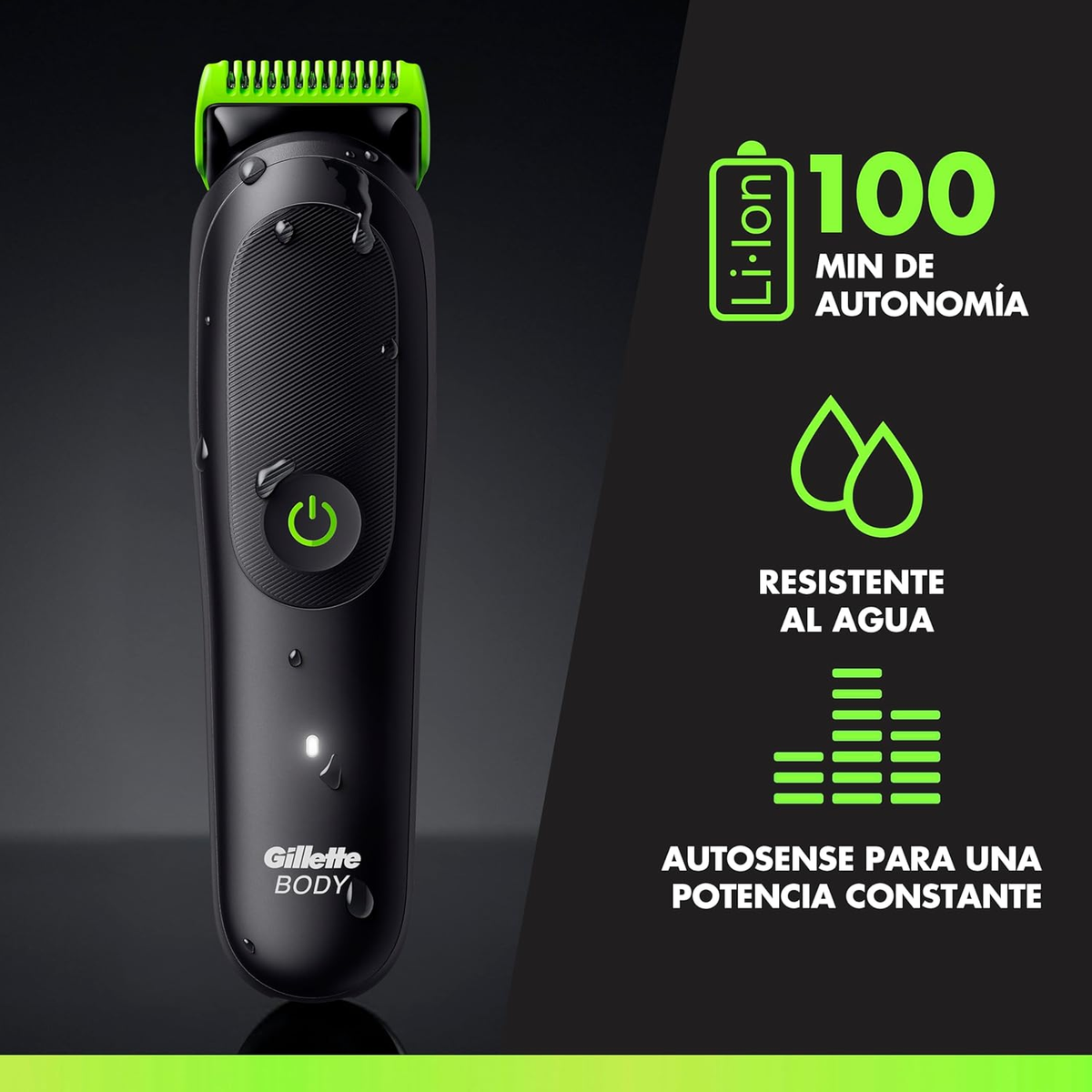 Un rasoio Gillette Body nero con testina verde, gocce d'acqua e testo su sfondo scuro.