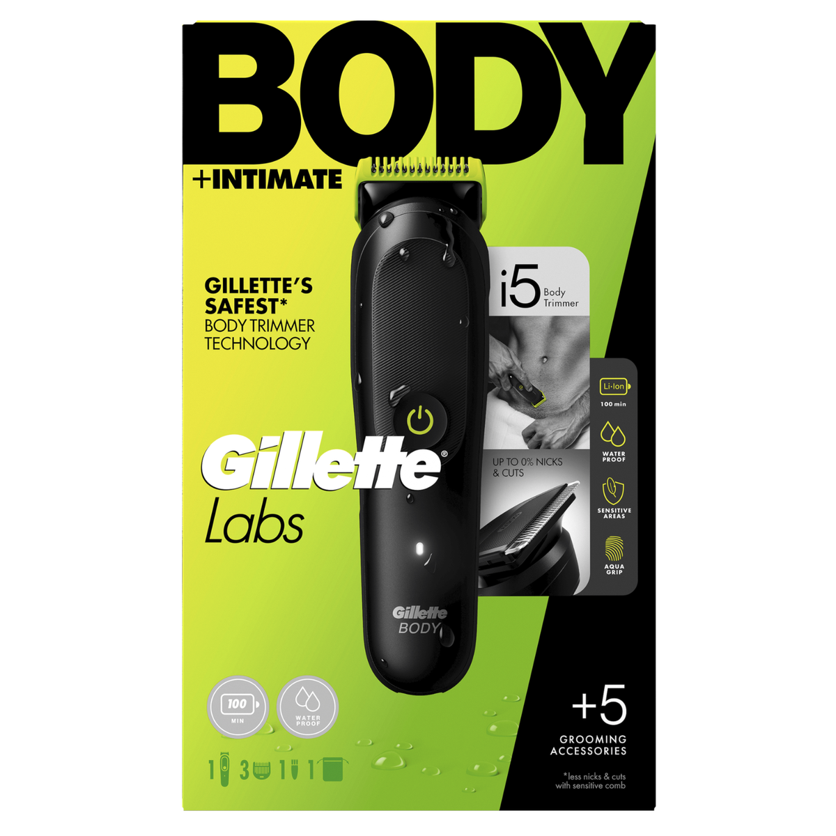 Confezione del tagliacapelli Gillette Labs Body + Intimate con dispositivo nero, testa verde e testo.