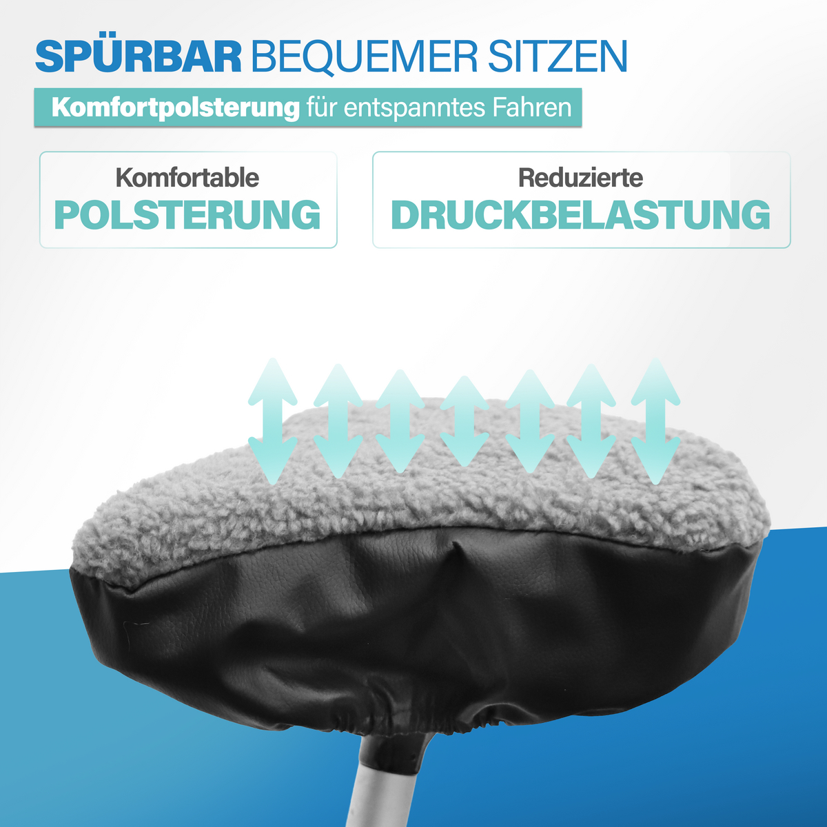 Fahrradsattel mit grauer Plüschpolsterung und schwarzem Bezug, über dem blaue Pfeile für Druckentlastung stehen.