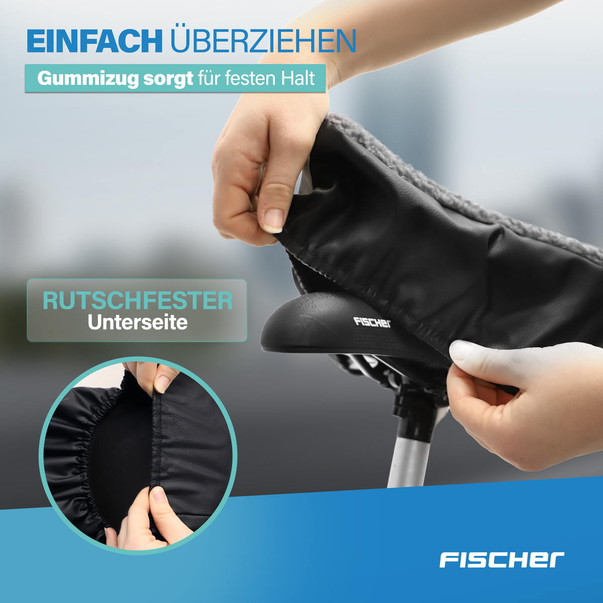 Person zieht einen schwarzen, flauschigen Sattelbezug auf einen Fahrradsattel. Textoverlay und Inset zeigen Details.