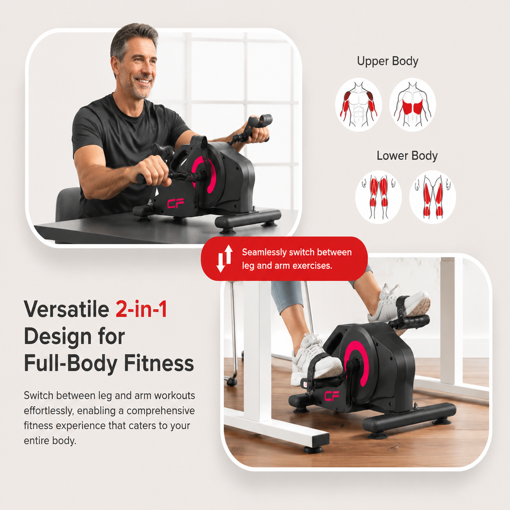 Un hombre usa una máquina portátil para brazos y piernas, con diagramas musculares y texto.