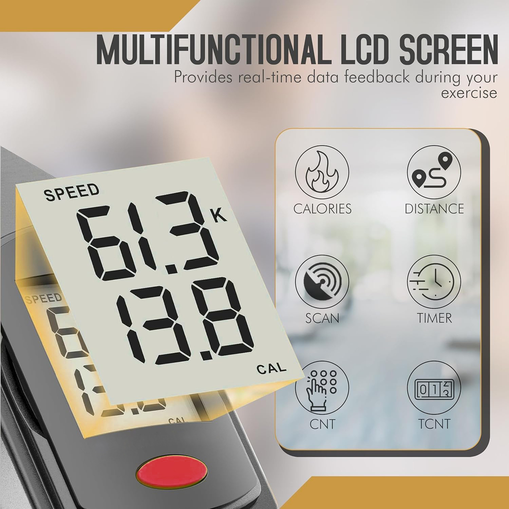 La pantalla LCD de fitness muestra datos del entrenamiento como velocidad y calorías.