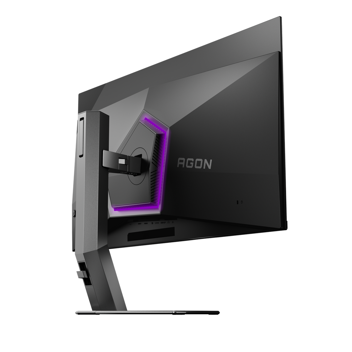 Vista posteriore di un monitor da gioco Agon nero con illuminazione a LED viola su supporto a sfondo nero.