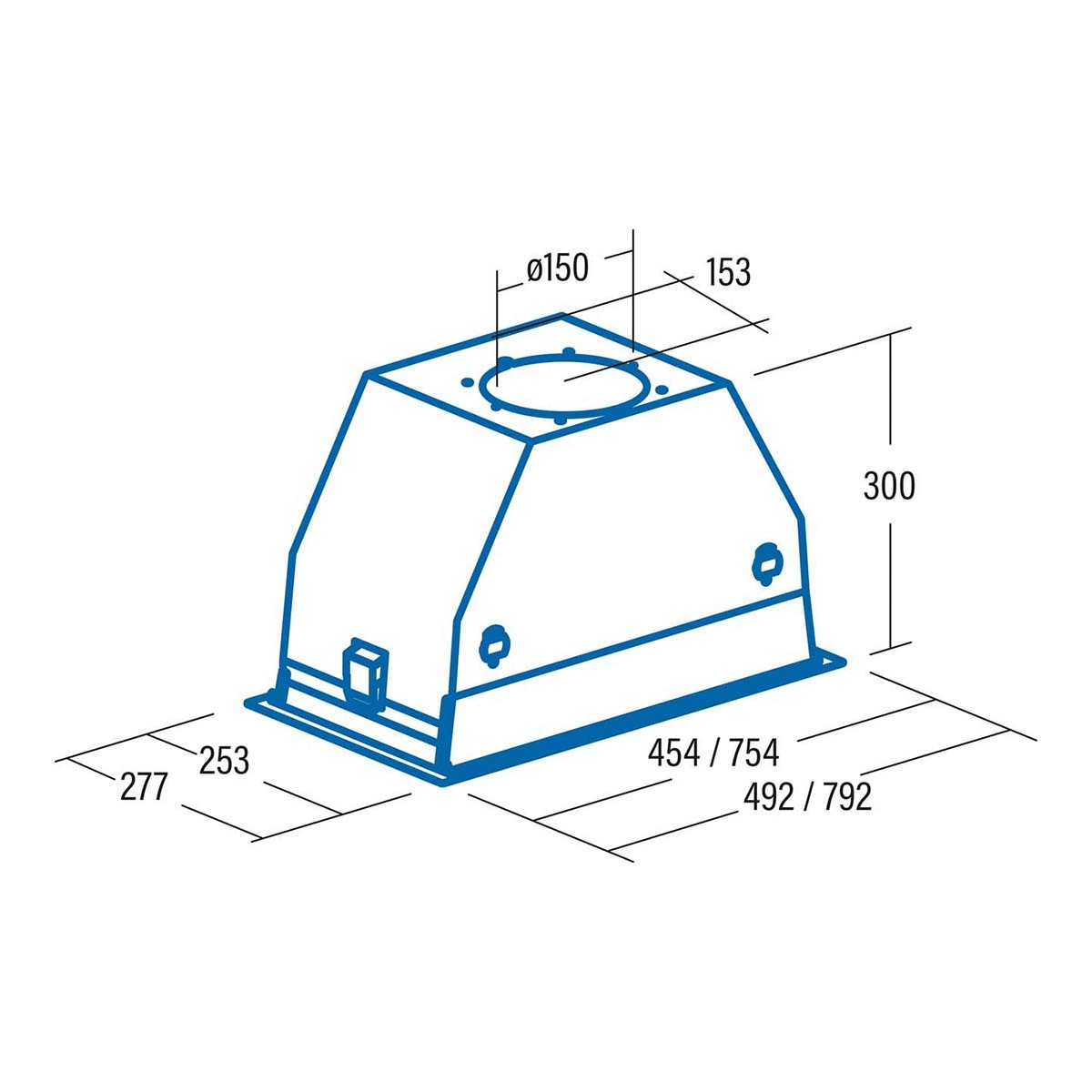 Dibujo técnico de una campana extractora con dimensiones en azul sobre fondo blanco.
