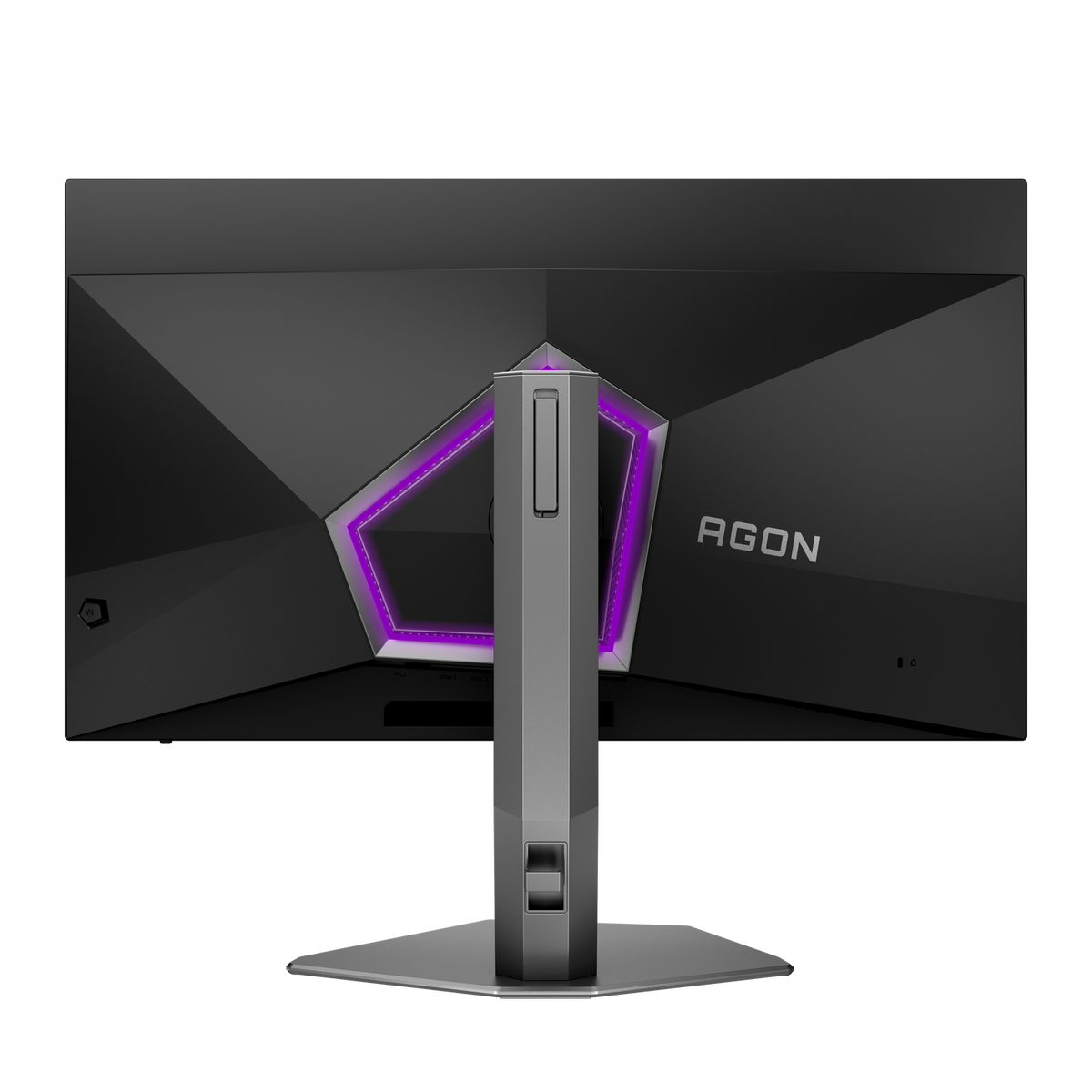 Vista posteriore di un monitor da gioco Agon nero con illuminazione viola e supporto argento su sfondo nero.
