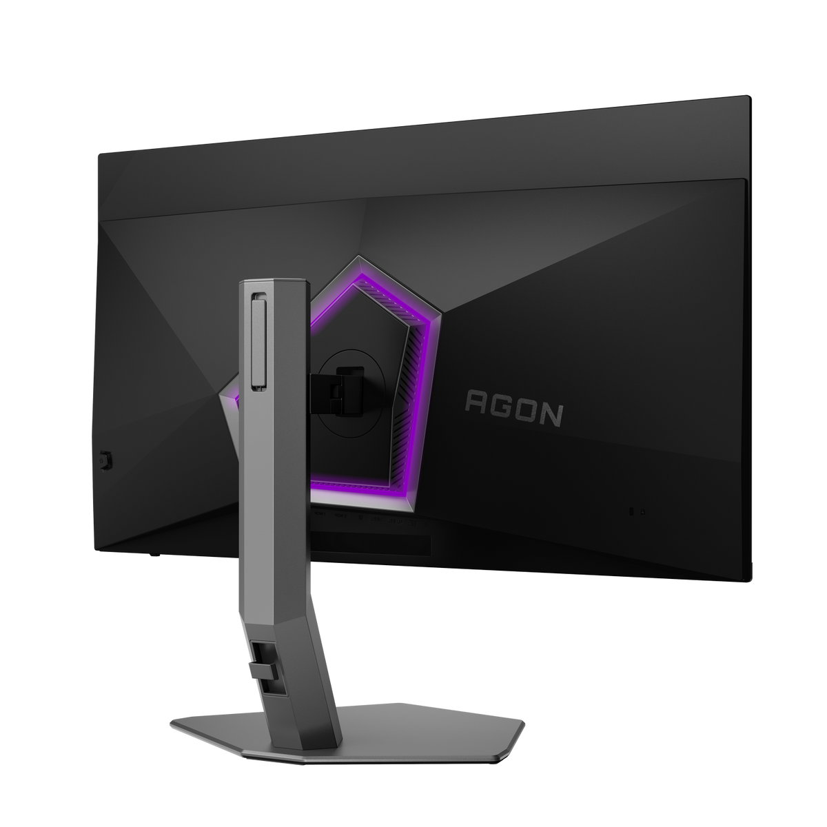 Vista posteriore di un monitor da gioco AGON nero con illuminazione a LED viola e supporto grigio su sfondo nero.