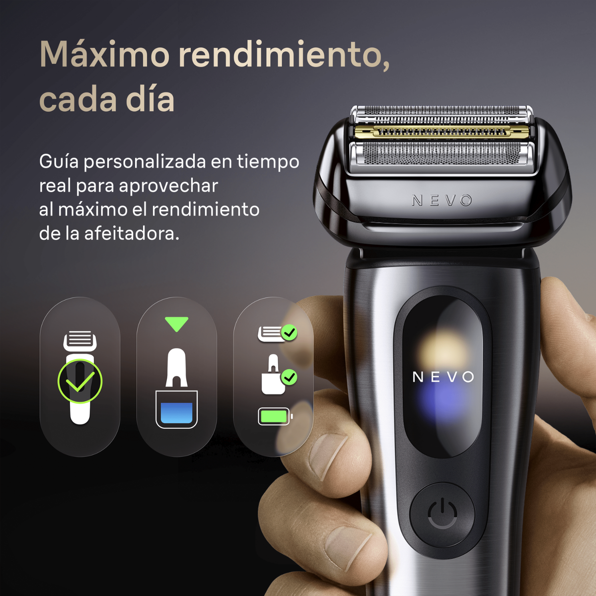 Mano regge un rasoio argentato NEVO con display e icone a sinistra.