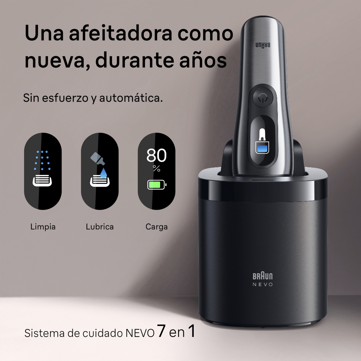 Rasoio elettrico in base di ricarica e pulizia con tre icone di funzione e testo in spagnolo.