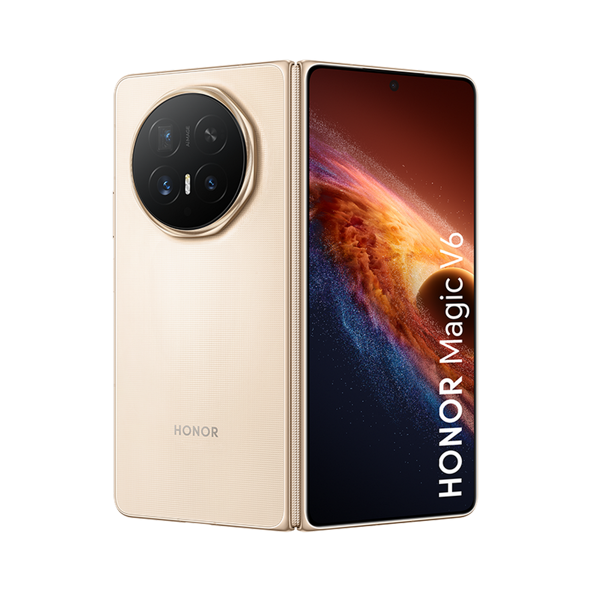 Smartphone plegable Honor Magic V6 dorado con un módulo de cámara redondo sobre fondo negro.