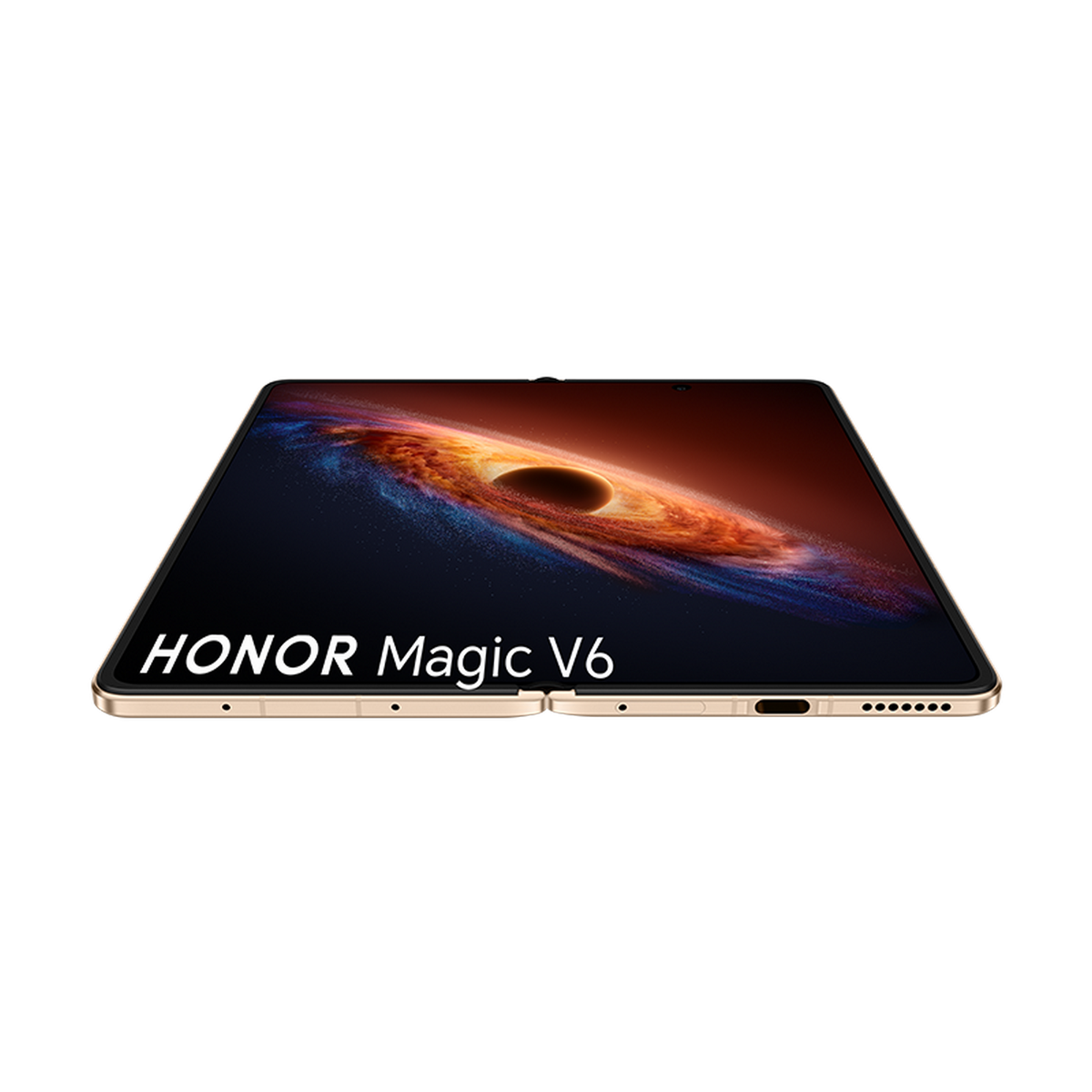 Un smartphone plegable dorado, HONOR Magic V6, muestra un fondo de pantalla de galaxia colorido sobre fondo negro.