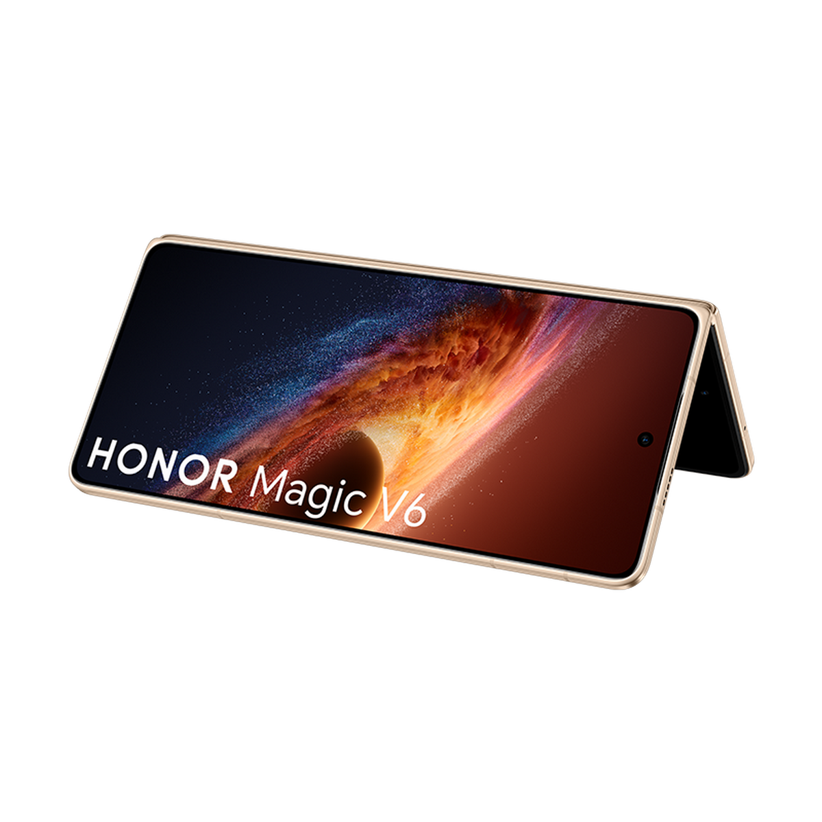 Un smartphone plegable Honor Magic V6 parcialmente abierto sobre un fondo negro sólido.