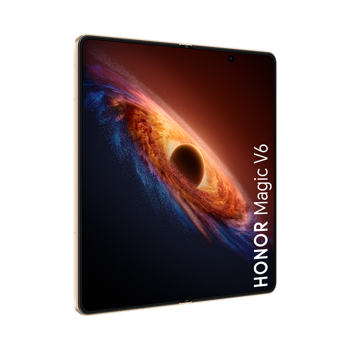 Smartphone plegable Honor Magic V6 dorado sobre fondo negro con gráfico de pantalla colorido.