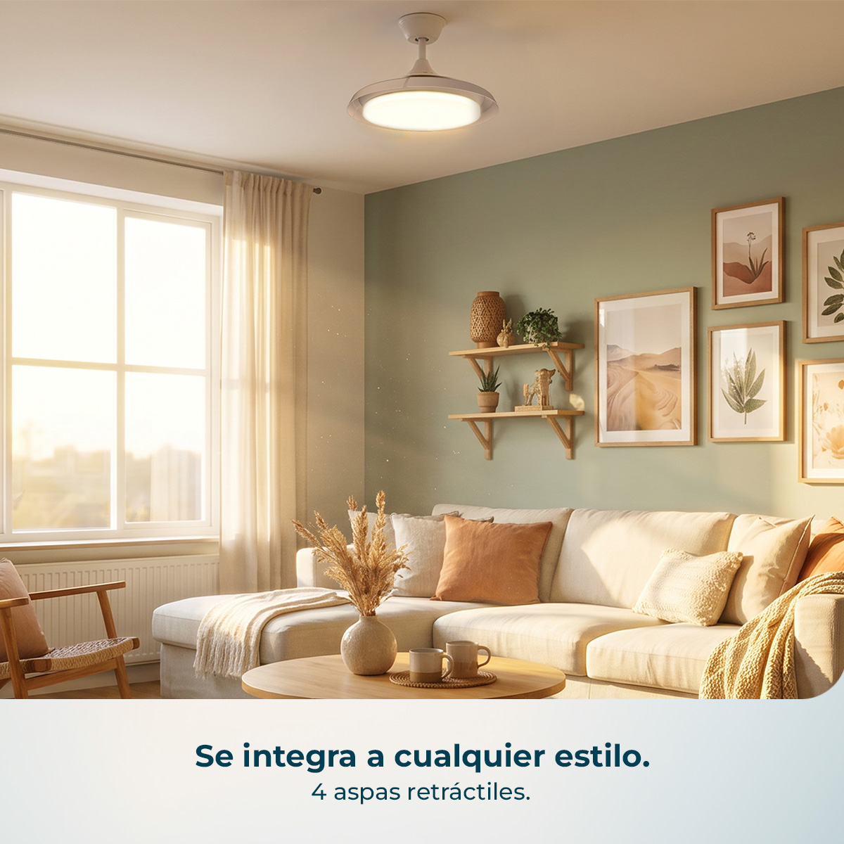 Accogliente soggiorno con divano chiaro, tavolo in legno, ventilatore a soffitto e quadri sulla parete verde.
