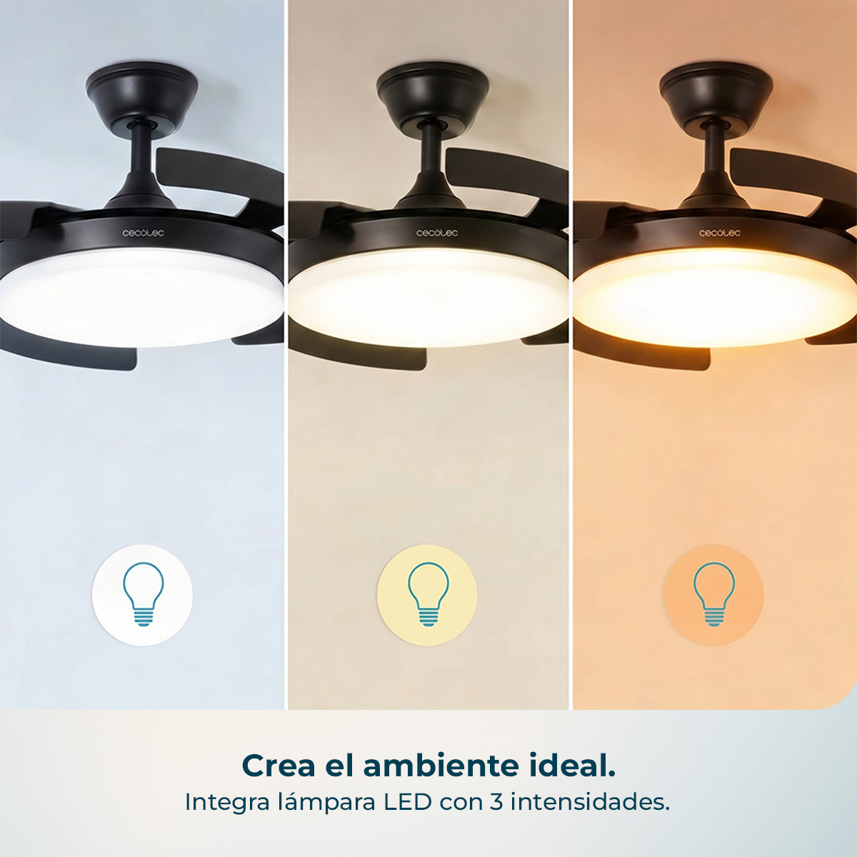 Tre viste di una ventola da soffitto nera con luce LED regolabile in toni bianco freddo, neutro e caldo.