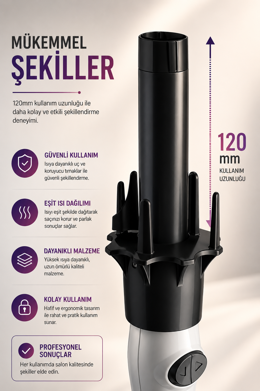 120 mm kullanım uzunluğuna sahip siyah saç şekillendirici başlık, bilgi grafikleri ve Türkçe metinlerle.