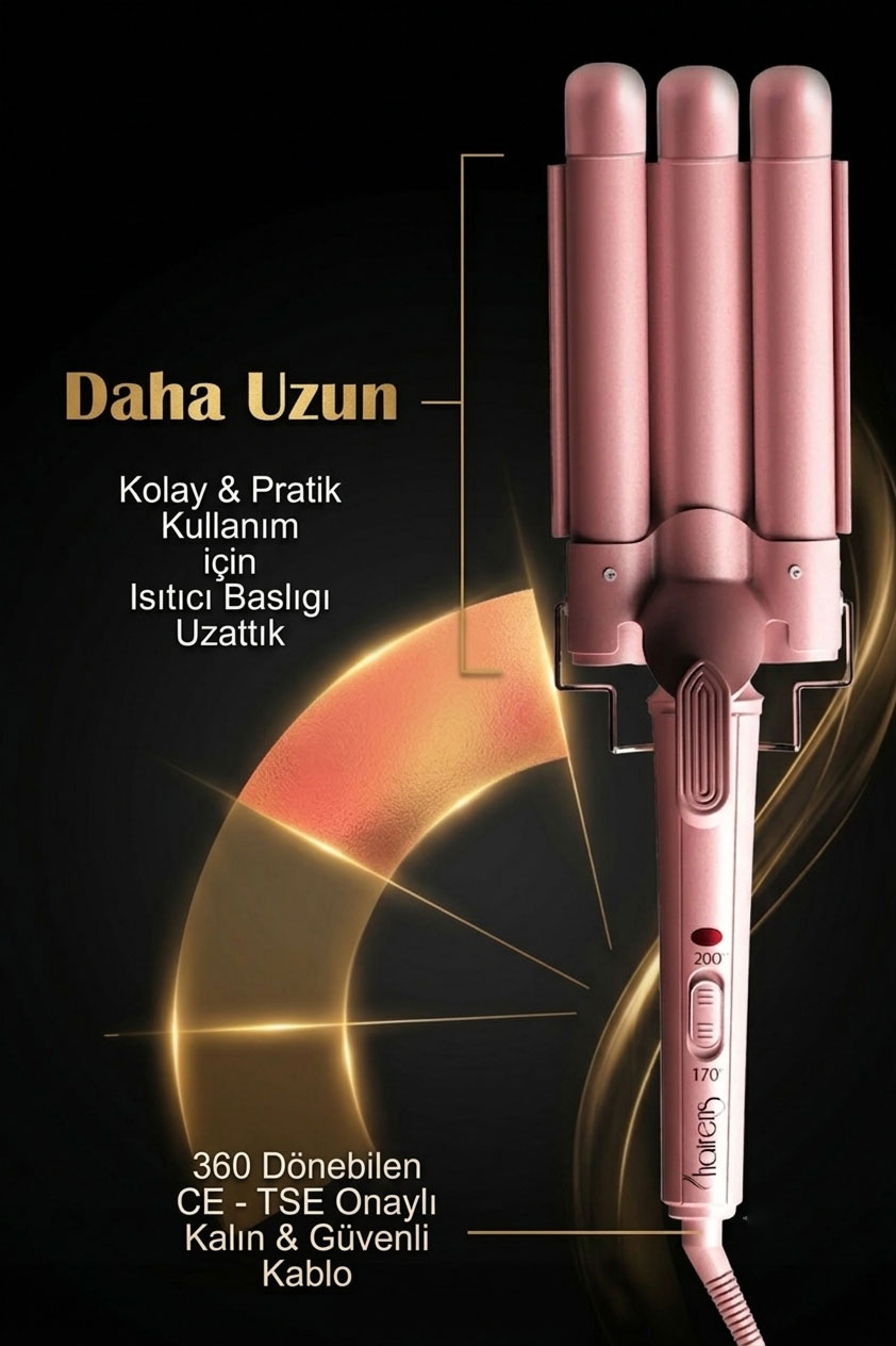 Siyah arka plan üzerinde Türkçe metinler ve altın ışık efektleriyle pembe üçlü maşa.