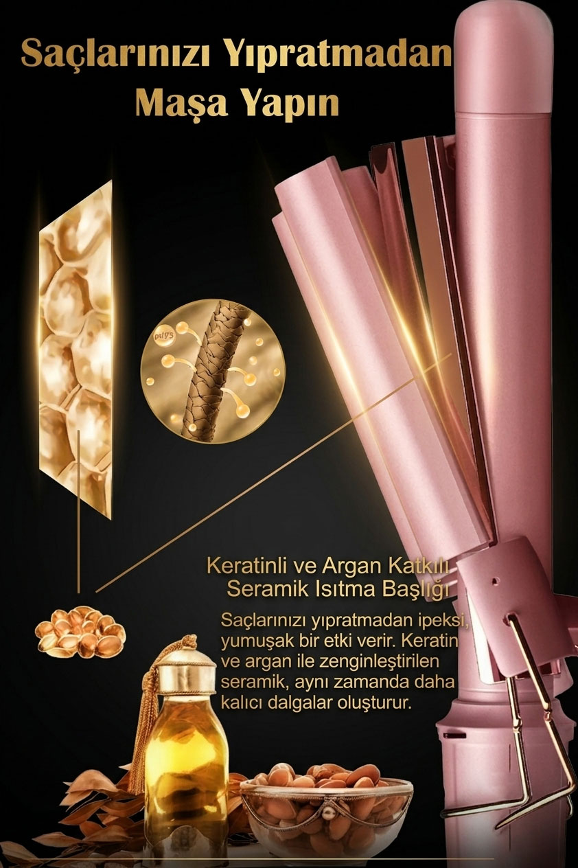 Siyah arka planda argan yağlı ve seramik başlıklı pembe saç maşası.