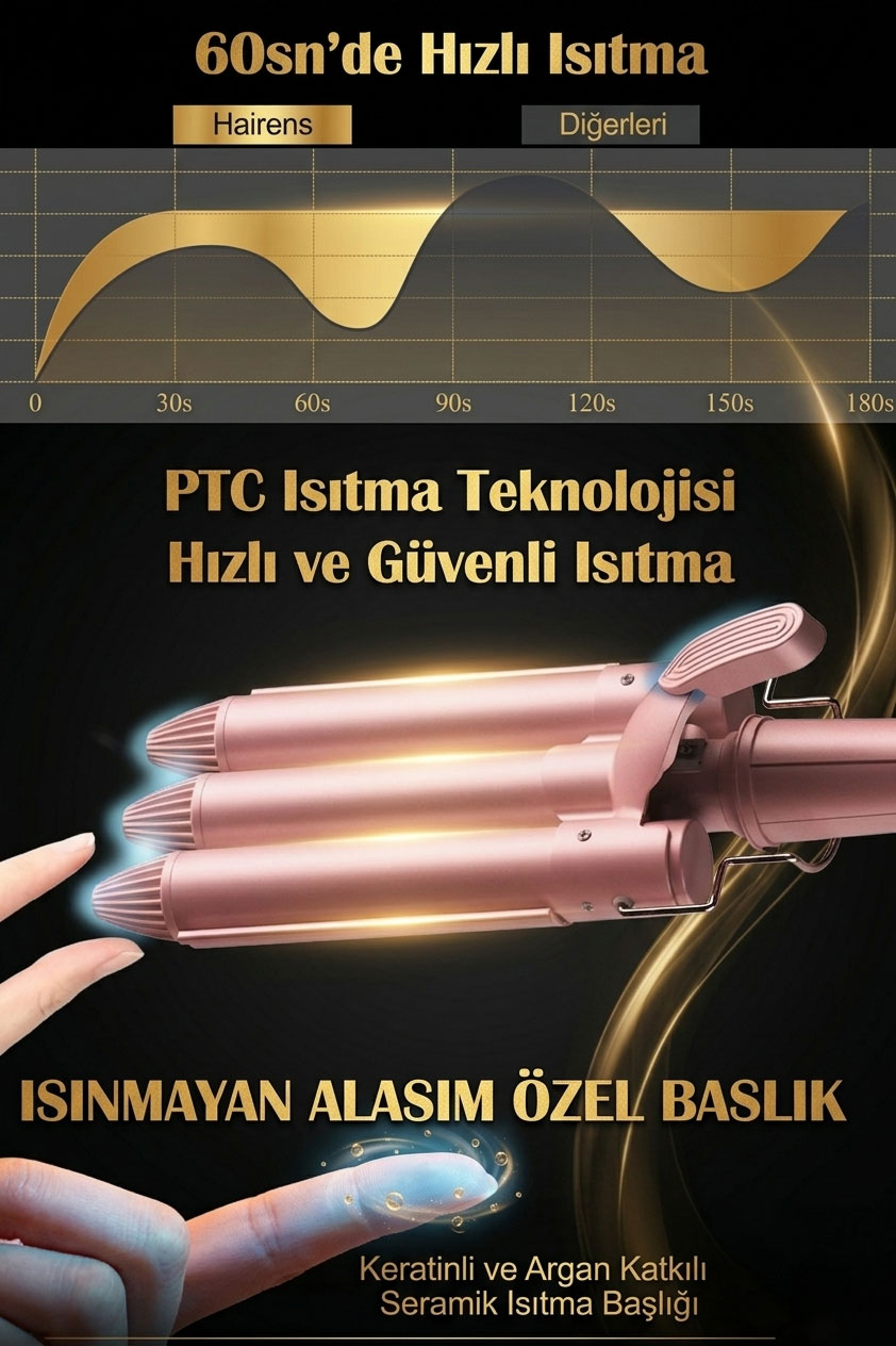 PTC teknolojili, hızlı ısınan ve güvenli seramik başlıklara sahip pembe altın maşa.