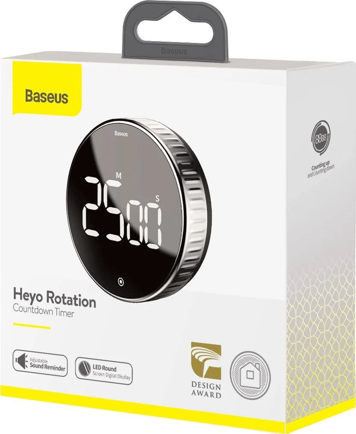 Confezione bianca e gialla per il timer Baseus Heyo, che mostra il timer digitale rotondo.