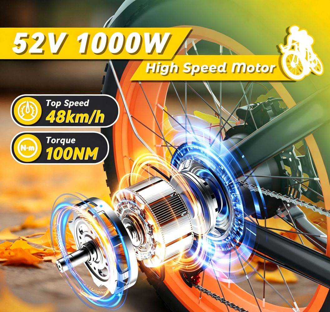 Motore per e-bike con 52V 1000W, velocità di 48km/h e coppia di 100NM, con grafica energetica luminosa.